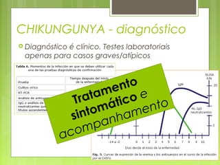 CHIKUNGUNYA - diagnóstico
 Diagnóstico é clínico. Testes laboratoriais
apenas para casos graves/atípicos
Tratamento
sintomático e
acompanhamento
 