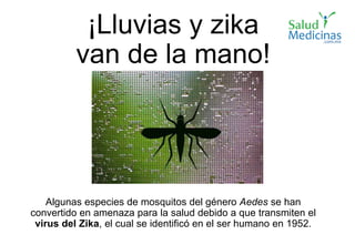 ¡Lluvias y zika
van de la mano!
Algunas especies de mosquitos del género Aedes se han
convertido en amenaza para la salud debido a que transmiten el
virus del Zika, el cual se identificó en el ser humano en 1952.
 