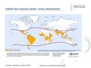 Schmidt, A. NEJM 2010; 363(5): 483-487 Simmons C, et al. NEJM 2012;366:1423-32
Hábitat del mosquito Aedes: zonas atemperadas
 