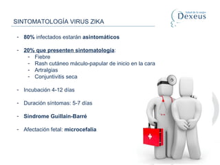 SINTOMATOLOGÍA VIRUS ZIKA
- 80% infectados estarán asintomáticos
- 20% que presenten sintomatología:
- Fiebre
- Rash cutáneo máculo-papular de inicio en la cara
- Artralgias
- Conjuntivitis seca
- Incubación 4-12 días
- Duración síntomas: 5-7 días
- Síndrome Guillain-Barré
- Afectación fetal: microcefalia
 