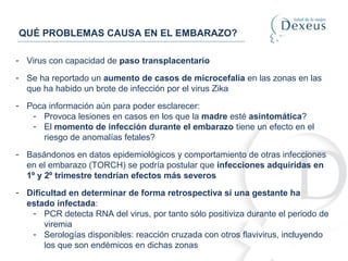 QUÉ PROBLEMAS CAUSA EN EL EMBARAZO?
- Virus con capacidad de paso transplacentario
- Se ha reportado un aumento de casos de microcefalia en las zonas en las
que ha habido un brote de infección por el virus Zika
- Poca información aún para poder esclarecer:
- Provoca lesiones en casos en los que la madre esté asintomática?
- El momento de infección durante el embarazo tiene un efecto en el
riesgo de anomalías fetales?
- Basándonos en datos epidemiológicos y comportamiento de otras infecciones
en el embarazo (TORCH) se podría postular que infecciones adquiridas en
1º y 2º trimestre tendrían efectos más severos
- Dificultad en determinar de forma retrospectiva si una gestante ha
estado infectada:
- PCR detecta RNA del virus, por tanto sólo positiviza durante el periodo de
viremia
- Serologías disponibles: reacción cruzada con otros flavivirus, incluyendo
los que son endémicos en dichas zonas
 