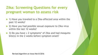 Zika: Screening Questions for every
pregnant woman to assess risk
 1) Have you traveled to a Zika-affected area within the
past 12 weeks?
 2) Have you had possible sexual exposure to Zika virus
within the last 12 weeks?
 3) Do you have ≥ 2 symptoms* of Zika and had mosquito
bite(s) in the 2 weeks before symptom onset?
Revised Algorithm on Inova Net 8/2016
 