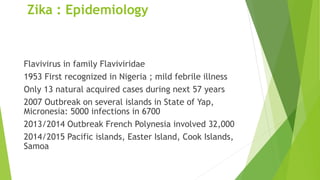 Zika : Epidemiology
Flavivirus in family Flaviviridae
1953 First recognized in Nigeria ; mild febrile illness
Only 13 natural acquired cases during next 57 years
2007 Outbreak on several islands in State of Yap,
Micronesia: 5000 infections in 6700
2013/2014 Outbreak French Polynesia involved 32,000
2014/2015 Pacific islands, Easter Island, Cook Islands,
Samoa
 