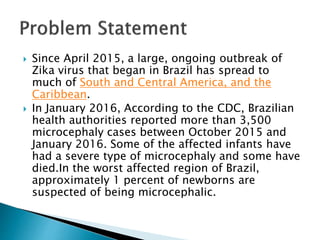  Since April 2015, a large, ongoing outbreak of
Zika virus that began in Brazil has spread to
much of South and Central America, and the
Caribbean.
 In January 2016, According to the CDC, Brazilian
health authorities reported more than 3,500
microcephaly cases between October 2015 and
January 2016. Some of the affected infants have
had a severe type of microcephaly and some have
died.In the worst affected region of Brazil,
approximately 1 percent of newborns are
suspected of being microcephalic.
 