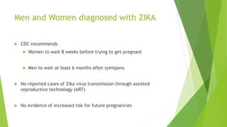 Men and Women diagnosed with ZIKA
 CDC recommends
 Women to wait 8 weeks before trying to get pregnant
 Men to wait at least 6 months after symtpons
 No reported cases of Zika virus transmission through assisted
reproductive technology (ART)
 No evidence of increased risk for future pregnancies
 