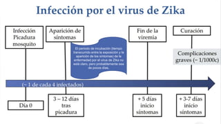 El periodo de incubación (tiempo
transcurrido entre la exposición y la
aparición de los síntomas) de la
enfermedad por el virus de Zika no
está claro, pero probablemente sea
de pocos días.
 