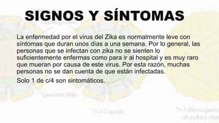 SIGNOS Y SÍNTOMAS
La enfermedad por el virus del Zika es normalmente leve con
síntomas que duran unos días a una semana. Por lo general, las
personas que se infectan con zika no se sienten lo
suficientemente enfermas como para ir al hospital y es muy raro
que mueran por causa de este virus. Por esta razón, muchas
personas no se dan cuenta de que están infectadas.
Solo 1 de c/4 son sintomáticos.
 