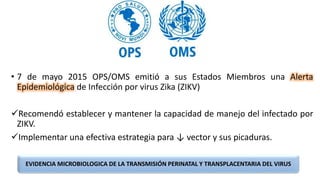 • 7 de mayo 2015 OPS/OMS emitió a sus Estados Miembros una Alerta
Epidemiológica de Infección por virus Zika (ZIKV)
Recomendó establecer y mantener la capacidad de manejo del infectado por
ZIKV.
Implementar una efectiva estrategia para ↓ vector y sus picaduras.
EVIDENCIA MICROBIOLOGICA DE LA TRANSMISIÓN PERINATAL Y TRANSPLACENTARIA DEL VIRUS
 
