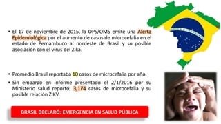 • El 17 de noviembre de 2015, la OPS/OMS emite una Alerta
Epidemiológica por el aumento de casos de microcefalia en el
estado de Pernambuco al nordeste de Brasil y su posible
asociación con el virus del Zika.
• Promedio Brasil reportaba 10 casos de microcefalia por año.
• Sin embargo en informe presentado el 2/1/2016 por su
Ministerio salud reportó; 3,174 casos de microcefalia y su
posible relación ZIKV.
*
BRASIL DECLARÓ: EMERGENCIA EN SALUD PÚBLICA
 