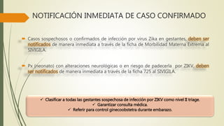 NOTIFICACIÓN INMEDIATA DE CASO CONFIRMADO
 Casos sospechosos o confirmados de infección por virus Zika en gestantes, deben ser
notificados de manera inmediata a través de la ficha de Morbilidad Materna Extrema al
SIVIGILA.
 Px (neonato) con alteraciones neurológicas o en riesgo de padecerla por ZIKV, deben
ser notificados de manera inmediata a través de la ficha 725 al SIVIGILA.
 Clasificar a todas las gestantes sospechosa de infección por ZIKV como nivel II triage.
 Garantizar consulta médica.
 Referir para control ginecoobstetra durante embarazo.
 