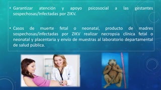 • Garantizar atención y apoyo psicosocial a las gestantes
sospechosas/Infectadas por ZIKV.
• Casos de muerte fetal o neonatal, producto de madres
sospechosas/infectadas por ZIKV realizar necropsia clínica fetal o
neonatal y placentaria y envío de muestras al laboratorio departamental
de salud pública.
 