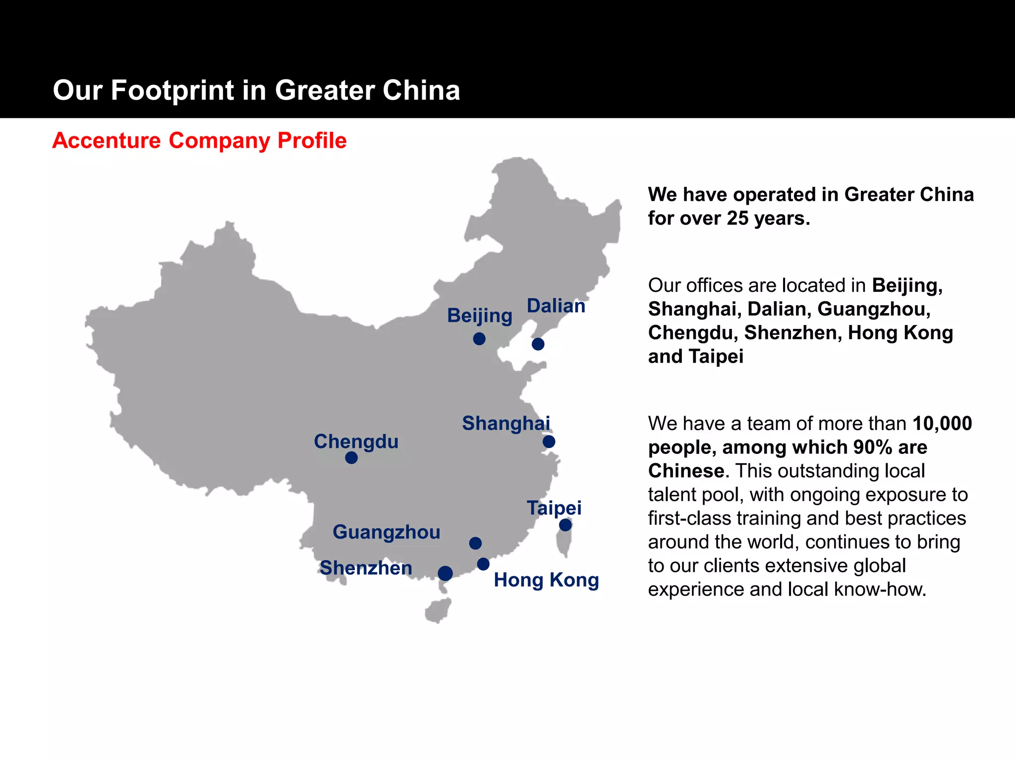 We have operated in Greater China
for over 25 years.
Our offices are located in Beijing,
Shanghai, Dalian, Guangzhou,
Chengdu, Shenzhen, Hong Kong
and Taipei
We have a team of more than 10,000
people, among which 90% are
Chinese. This outstanding local
talent pool, with ongoing exposure to
first-class training and best practices
around the world, continues to bring
to our clients extensive global
experience and local know-how.
Our Footprint in Greater China
Beijing
Shanghai
Taipei
Hong Kong
Dalian
Guangzhou
Chengdu
Shenzhen
Accenture Company Profile
 