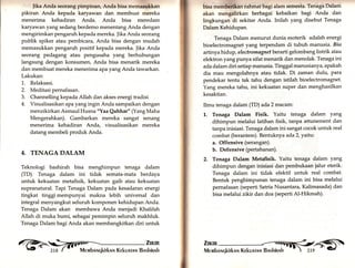 Jika Anda seorang pimpinan, Anda bisa memaaukkan 
pikiran Anda kepada karyawan dan membuat mereka 
menerima kehadiran Anda. Anda bisa meredam 
karyawan yang sedang berdemo menentang Anda dengan 
mengirimkan pengaruh kepada mereka. |ika Anda seorang 
publik spiker atau pembicara, Anda bisa dengan mudah 
memasukkan pengaruh positif kepada mereka. Jika Anda 
seorang pedagang atau pengusaha yang berhubungan 
Iangsung dengan konsumen, Anda bisa menarik mereka 
dan membuat mereka menerimaapa yang Anda tawarkan. 
Lakukan: 
1. Relaksasi. 
2. Meditasi pernafasan. 
3. Channelling kepada Allah dan akses energi tradisi 
4. Visualisasikan apa yangingin Anda sampaikan dengan 
menzikirkan Asmaul Husna "Yaa Qahhar" (Yang Maha 
Mengerahkan). Gambarkan mereka sangat senang 
menerima kehadiran Anda, visualisasikan mereka 
datang membeli produk Anda. 
4. TENAGA DALAM 
Teknologi bashirah bisa menghimpun tenaga dalam 
(TD). Tenaga dalam ini tidak semata-mata berdaya 
untuk kekuatan metafisik, kekuatan gaib atau kekuatan 
supranatural. Tapi Tenaga Dalam pada kesadaran energi 
tingkat tinggi mempunyai makna lebih universal dan 
integral menyangkut seluruh komponen kehidupan Anda. 
Tenaga Dalam akan membawa Anda menjadi Khalifah 
Allah di muka bumi, sebagai pemimpin seluruh makhluk. 
Tenaga Dalam bagi Anda akan membangkitkan diri untuk 
bisa membcrlkan rahmat bagi alam semesta. Tenaga Dalam 
akan mengalirkan berbagai kebaikan bagr Anda dan 
tingkungan di sekitar Anda. Inilah yang disebut Tenaga 
Dalam Kehidupan. 
Tenaga Dalam menurut dunia esoterik adalah energi 
bioelectromagnet yang terpendam di tubuh manusia. Bio 
artinya hidup, electromagnet ber arti gelombang listrik atau 
elektron yangpunya sifat menarik dan menolak. Tenaga ini 
ada dalam diri setiap manusia. Tinggal manusianya, apakah 
dia mau mengolahnya atau tidak. Di zaman dulu, para 
pendekar tentu tak tahu dengan istilah bioelectromagnet. 
Yang mereka tahu, ini kekuatan suPer dan menghasilkan 
kesaktian. 
Ilmu tenaga dalam (TD) ada 2 macam: 
't. Tenaga Dalam Fisik. Yaitu tenaga dalam yang 
dihimpun melalui latihan fisik, tanpa attunement dan 
tanpa inisiasi. Tenaga dalam ini sangat cocok untuk real 
combat (berantem). Bentuknya ada 2, yaitu 
a. Offensive (serangan). 
b. Defensive (pertahanan). 
2. Tenaga Dalam Met#isik. Yaitu tenaga dalam yang 
dihimpun dengan inisiasi dan pembukaan jalur eterik. 
Tenaga dalam ini tidak efektif untuk real combat. 
Bentuk penghimpunan tenaga dalam ini bisa melalui 
pemafasan (seperti Satria Nusantara, Kalimasada) dan 
bisa melalui zikir dan doa (seperti Al-Hikmah). 
,1äix ffi'-[ 
 