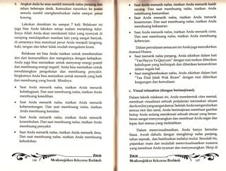 6. Angkat tlada ke atas sambil menarik nafas pnnfang dan 
tahan beberapa detik. Kemudian turunkan ke posisi 
semula sambil menghembuskan nafas sampai perut 
kosong. 
Lakukan demikian itu sampai 7 kali. Relaksasi ini 
juga bisa Anda lakukan setiap malam menjelang tidur. 
Insya Allah Anda akan menikmati tidur yang nyenyak di 
samping mendapatkan manfaat lain yang sangat banyak, 
di antaranya bisa membuat perut Anda menjadi langsing, 
kaki, tangan dan leher tidak mudah mengalami kram. 
Relaksasi ini bisa Anda niatkan untuk membersihan 
diri dari kemunafikan dan mengisinya dengan kebajikan. 
Anda juga bisa meniatkan uhtuk menyerap energi positif 
dan membuang energi negatif. Anda bisa meniatkan untuk 
mendatangkan pengobatan dan membuang penyakit. 
Singkatnya Anda bisa meniatkan untuk menarik yang baik 
dan membuang yang buruk. Misalnya: 
. Saat Anda menarik nafas, niatkan Anda menarik 
kebahagiaan. Dan saat membuang nafas, niatkan Anda 
membuang kesedihan. 
o Saat Anda menarik nafas, niatkan Anda menarik 
keberuntungan. Dan saat membuang nafas, niatkan 
Anda membuang kesialan. 
o Saat Anda menarik nafas, niatkan Anda menarik 
kesembuhan. Dan saat membuang nafas, niatkan Anda 
membuang penyakit. 
o Saat Anda menarik nafas, niatkan Anda menarik ilmu. 
Dan saat membuang nafas, niatkan Anda membuang 
kebodohan. 
o Saat Anda menarik nafas, niatkan Anda menarik kasih 
sayang. Dan saat membuang nafas, niatkan Anda 
membuang kemarahan. 
o Saat Anda menarik nafas, niatkan Anda menarik 
kesantunan. Dan saat membuang nafas, niatkan Anda 
membuang kekasaran. 
o Saat Anda menarik nafas, niatkan Anda menarik cinta' 
Dan saat membuang nafas, niatkan Anda membuang 
kebencian. 
Dalam pernafasan semacam ini Anda juga menzikirkan 
Asmaul Husna. 
o Saat menarik nafas panjang, Anda zikirkan dalam hati 
"YaaHayyu Ya Qayyum" dengan niat mohon diberikan 
kehidupan yang berlimpah dan diberikan kemandirian 
dalam segala hal. 
o Saat menghembuskan nafas, Anda zikirkan dalam hati 
"Yaa Dzal Jalali Wak Ikram" dengan niat diberikan 
keagungan dan kemuliaan. 
c. Visual relaxation (dengan berimaiinasi). 
Dalam teknik relaksasi ini, Anda membentuk citra mental, 
membuat visualisasi sebuah perjalanan merasakan situasi 
dan kondisi yang sangat damai. Setelah Anda mengendurkan 
semua otot dan sataf, Anda berimajinasi membuat gambar 
hidup Anda sedang menikmati sebuah situasi yang benar-benar 
'JXl[ 
sangat menyenangkan dan membuat Anda segar dan 
lepas dari semu a yangmelelahkan' 
Dalam memvisualisasikan, Anda hanya bernafas 
biasa. Awali dahulu dengan menghirup nafas panjang, 
tahan sejenak, dan hembuskan melalui mulut. Sesudah itu, 
pejamkan mata dan mulailah memvisualisasikan suasana 
yang membuat Anda nyaman dan menyenangkan' Skrip di 
 