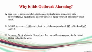 Why is this Outbreak Alarming?
 Zika virus is catching global attention due to its alarming connection with
microcephaly, a neurological disorder in babies being born with abnormally small
heads.
 In 2015, there were 3500 cases of microcephaly compared with 147 in 2014 and 167
in 2013.
 In January 2016, a baby in Hawaii, the first case with microcephaly in the United
States linked to the virus.
 