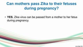 Can mothers pass Zika to their fetuses
during pregnancy?
• YES, Zika virus can be passed from a mother to her fetus
during pregnancy.
 