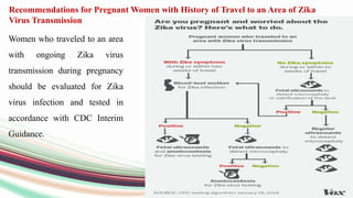 Women who traveled to an area
with ongoing Zika virus
transmission during pregnancy
should be evaluated for Zika
virus infection and tested in
accordance with CDC Interim
Guidance.
Recommendations for Pregnant Women with History of Travel to an Area of Zika
Virus Transmission
 