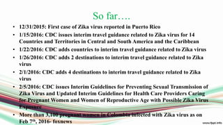 So far….
• 12/31/2015: First case of Zika virus reported in Puerto Rico
• 1/15/2016: CDC issues interim travel guidance related to Zika virus for 14
Countries and Territories in Central and South America and the Caribbean
• 1/22/2016: CDC adds countries to interim travel guidance related to Zika virus
• 1/26/2016: CDC adds 2 destinations to interim travel guidance related to Zika
virus
• 2/1/2016: CDC adds 4 destinations to interim travel guidance related to Zika
virus
• 2/5/2016: CDC issues Interim Guidelines for Preventing Sexual Transmission of
Zika Virus and Updated Interim Guidelines for Health Care Providers Caring
for Pregnant Women and Women of Reproductive Age with Possible Zika Virus
Exposure
• More than 3,100 pregnant women in Colombia infected with Zika virus as on
Feb 7th, 2016- foxnews
 