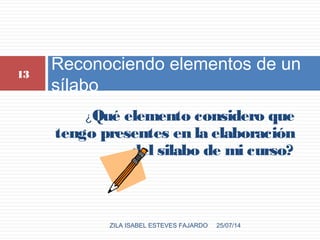 ¿Qué elemento considero que
tengo presentes en la elaboración
del silabo de mi curso?
Reconociendo elementos de un
sílabo
25/07/14ZILA ISABEL ESTEVES FAJARDO
13
 