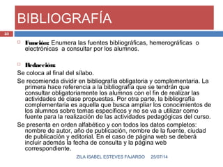 BIBLIOGRAFÍA
 Función: Enumera las fuentes bibliográficas, hemerográficas o
electrónicas a consultar por los alumnos.
 
 Redacción:
Se coloca al final del sílabo.
Se recomienda dividir en bibliografía obligatoria y complementaria. La
primera hace referencia a la bibliografía que se tendrán que
consultar obligatoriamente los alumnos con el fin de realizar las
actividades de clase propuestas. Por otra parte, la bibliografía
complementaria es aquella que busca ampliar los conocimientos de
los alumnos sobre temas específicos y no se va a utilizar como
fuente para la realización de las actividades pedagógicas del curso.
Se presenta en orden alfabético y con todos los datos completos:
nombre de autor, año de publicación, nombre de la fuente, ciudad
de publicación y editorial. En el caso de página web se deberá
incluir además la fecha de consulta y la página web
correspondiente.
25/07/14ZILA ISABEL ESTEVES FAJARDO
25
 