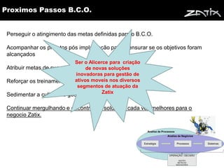 Proximos Passos B.C.O.


 Perseguir o atingimento das metas definidas para o B.C.O.

 Acompanhar os projetos pós implantação para mensurar se os objetivos foram
 alcançados
                            Ser o Alicerce para criação
 Atribuir metas de sucesso dos projetos/processos ao B.C.O.
                                de novas soluções
                            inovadoras para gestão de
 Reforçar os treinamentos ativos moveis nos diversos
                             segmentos de atuação da
                                        Zatix
 Sedimentar a cultura de gestão por processos

 Continuar mergulhando e encontrando soluções cada vez melhores para o
 negocio Zatix.
 