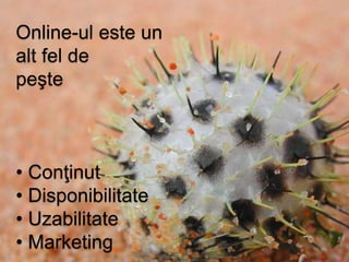 Online-ul este un
alt fel de
peşte
• Conţinut
• Disponibilitate
• Uzabilitate
• Marketing
 