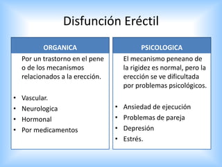 Disfunción Eréctil
ORGANICA
Por un trastorno en el pene
o de los mecanismos
relacionados a la erección.
• Vascular.
• Neurologica
• Hormonal
• Por medicamentos
PSICOLOGICA
El mecanismo peneano de
la rigidez es normal, pero la
erección se ve dificultada
por problemas psicológicos.
• Ansiedad de ejecución
• Problemas de pareja
• Depresión
• Estrés.
 