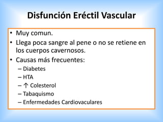 Disfunción Eréctil Vascular
• Muy comun.
• Llega poca sangre al pene o no se retiene en
los cuerpos cavernosos.
• Causas más frecuentes:
– Diabetes
– HTA
– ↑ Colesterol
– Tabaquismo
– Enfermedades Cardiovaculares
 