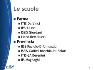 Le scuole


Parma
ITIS Da Vinci
 IPSIA Levi
 ISSIS Giordani
 Liceo Bertolucci




Provincia
IISS Paciolo-D’Annunzio
 ISSIS Galilei-Bocchialini-Solari
 ITIS-SA Berenini
 IIS Magnaghi


6

 