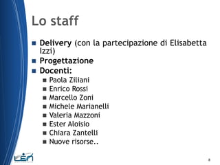 Lo staff




Delivery (con la partecipazione di Elisabetta
Izzi)
Progettazione
Docenti:
Paola Ziliani
Enrico Rossi
Marcello Zoni
 Michele Marianelli
 Valeria Mazzoni
 Ester Aloisio
 Chiara Zantelli
 Nuove risorse..




8

 