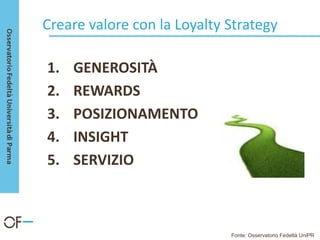 Creare valore con la Loyalty Strategy
1. GENEROSITÀ
2. REWARDS
3. POSIZIONAMENTO
4. INSIGHT
5. SERVIZIO
Fonte: Osservatorio Fedeltà UniPR
 