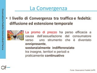 La Convergenza
• I livello di Convergenza tra traffico e fedeltà:
diffusione ed estensione temporale
La promo di prezzo ha perso efficacia a
causa dell’assuefazione del consumatore
verso uno strumento che è diventato
onnipresente,
sostanzialmente indifferenziato
tra insegne, territori e periodi e
praticamente continuativo
Fonte: Osservatorio Fedeltà UniPR
 
