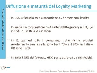 Diffusione e maturità del Loyalty Marketing
• In USA la famiglia media appartiene a 22 programmi loyalty
• In media un consumatore ha 4 carte fedeltà grocery in UK, 3,4
in USA, 2,5 in Italia e 2 in India
• In Europa ed USA i consumatori che fanno acquisti
regolarmente con la carta sono tra il 70% e il 90%: in Italia e
UK sono il 90%
• In Italia il 75% del fatturato GDO passa attraverso carta fedeltà
Fonti: Nielsen Consumer Panel, Colloquy, Osservatorio Fedeltà UniPR, 2013
 