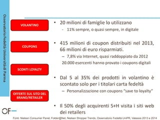 • 20 milioni di famiglie lo utilizzano
- 11% sempre, o quasi sempre, in digitale
• 415 milioni di coupon distribuiti nel 2013,
66 milioni di euro risparmiati.
– 7,8% via Internet, quasi raddoppiato da 2012
20.000 esercenti hanno provato i coupons digitali
• Dal 5 al 35% dei prodotti in volantino è
scontato solo per i titolari carta fedeltà
– Personalizzazione con coupons “save to loyalty”
• Il 50% degli acquirenti S+H visita i siti web
dei retailers
VOLANTINO
SCONTI LOYALTY
OFFERTE SUL SITO DEL
BRAND/RETAILER
Fonti: Nielsen Consumer Panel, Folder@Net, Nielsen Shopper Trends, Osservatorio Fedeltà UniPR, Valassis 2013 e 2014
COUPONS
 