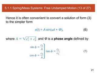 21
5.1.1 Spring/Mass Systems: Free Undamped Motion (13 of 27)
Hence it is often convenient to convert a solution of form (3)
to the simpler form
x(t) = A sin(ωt + Φ), (6)
where and Φ is a phase angle defined by
 