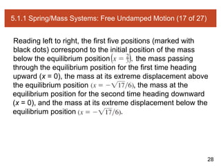 28
5.1.1 Spring/Mass Systems: Free Undamped Motion (17 of 27)
Reading left to right, the first five positions (marked with
black dots) correspond to the initial position of the mass
below the equilibrium position the mass passing
through the equilibrium position for the first time heading
upward (x = 0), the mass at its extreme displacement above
the equilibrium position , the mass at the
equilibrium position for the second time heading downward
(x = 0), and the mass at its extreme displacement below the
equilibrium position .
 