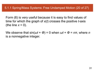 31
5.1.1 Spring/Mass Systems: Free Undamped Motion (20 of 27)
Form (6) is very useful because it is easy to find values of
time for which the graph of x(t) crosses the positive t-axis
(the line x = 0).
We observe that sin(ωt + Φ) = 0 when ωt + Φ = nπ, where n
is a nonnegative integer.
 