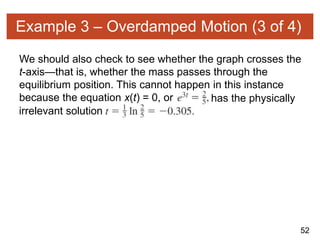 52
Example 3 – Overdamped Motion (3 of 4)
We should also check to see whether the graph crosses the
t-axis—that is, whether the mass passes through the
equilibrium position. This cannot happen in this instance
because the equation x(t) = 0, or has the physically
irrelevant solution
 