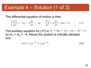55
Example 4 – Solution (1 of 3)
The differential equation of motion is then
The auxiliary equation for (17) is
so m1 = m2 = −4. Hence the system is critically damped,
and
 