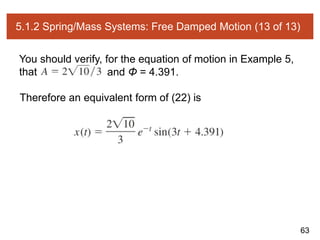 63
5.1.2 Spring/Mass Systems: Free Damped Motion (13 of 13)
You should verify, for the equation of motion in Example 5,
that and Φ = 4.391.
Therefore an equivalent form of (22) is
 