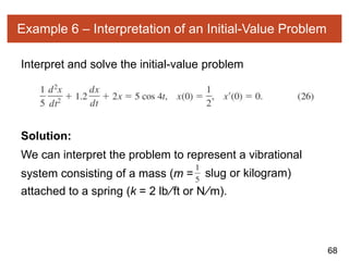 68
Example 6 – Interpretation of an Initial-Value Problem
Interpret and solve the initial-value problem
Solution:
We can interpret the problem to represent a vibrational
system consisting of a mass (m = slug or kilogram)
attached to a spring (k = 2 lb∕ft or N∕m).
 