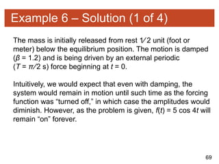 69
Example 6 – Solution (1 of 4)
The mass is initially released from rest 1∕ 2 unit (foot or
meter) below the equilibrium position. The motion is damped
(β = 1.2) and is being driven by an external periodic
(T = π∕2 s) force beginning at t = 0.
Intuitively, we would expect that even with damping, the
system would remain in motion until such time as the forcing
function was “turned off,” in which case the amplitudes would
diminish. However, as the problem is given, f(t) = 5 cos 4t will
remain “on” forever.
 