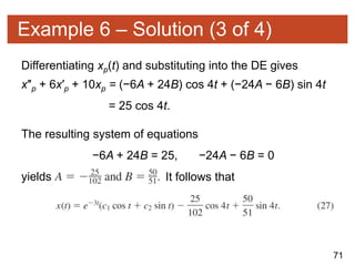 71
Example 6 – Solution (3 of 4)
Differentiating xp(t) and substituting into the DE gives
x″p + 6x′p + 10xp = (−6A + 24B) cos 4t + (−24A − 6B) sin 4t
= 25 cos 4t.
The resulting system of equations
−6A + 24B = 25, −24A − 6B = 0
yields It follows that
 
