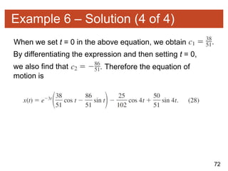 72
Example 6 – Solution (4 of 4)
When we set t = 0 in the above equation, we obtain
By differentiating the expression and then setting t = 0,
we also find that Therefore the equation of
motion is
 