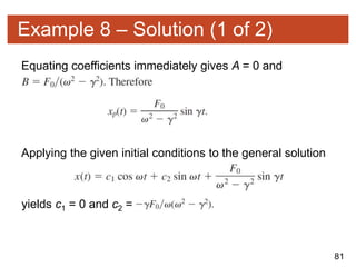81
Example 8 – Solution (1 of 2)
Equating coefficients immediately gives A = 0 and
Applying the given initial conditions to the general solution
yields c1 = 0 and c2 =
 