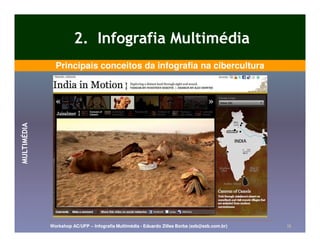 2. Infografia Multimédia
               Principais conceitos da infografia na cibercultura
MULTIMÉDIA




             Workshop AC/UFP – Infografia Multimédia - Eduardo Zilles Borba (ezb@ezb.com.br)   13
 