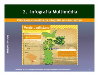 2. Infografia Multimédia
                    Principais conceitos da infografia na cibercultura
INTERACTIVIDADE




                  Workshop AC/UFP – Infografia Multimédia - Eduardo Zilles Borba (ezb@ezb.com.br)   15
 