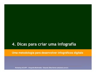 4. Dicas para criar uma infografia
Uma metodologia para desenvolver infográficos digitais




  Workshop AC/UFP – Infografia Multimédia - Eduardo Zilles Borba (ezb@ezb.com.br)
 