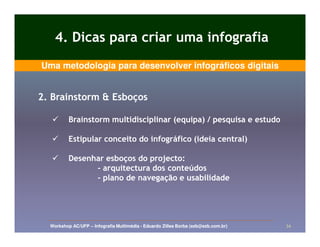 4. Dicas para criar uma infografia
Uma metodologia para desenvolver infográficos digitais


2. Brainstorm & Esboços

          Brainstorm multidisciplinar (equipa) / pesquisa e estudo

          Estipular conceito do infográfico (ideia central)

          Desenhar esboços do projecto:
                - arquitectura dos conteúdos
                - plano de navegação e usabilidade




  Workshop AC/UFP – Infografia Multimédia - Eduardo Zilles Borba (ezb@ezb.com.br)   34
 