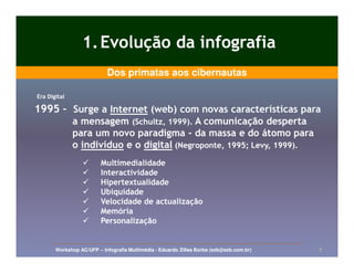 1. Evolução da infografia
                           Dos primatas aos cibernautas

Era Digital

1995 – Surge a Internet (web) com novas características para
              a mensagem (Schultz, 1999). A comunicação desperta
              para um novo paradigma - da massa e do átomo para
              o indivíduo e o digital (Negroponte, 1995; Levy, 1999).
                         Multimedialidade
                         Interactividade
                         Hipertextualidade
                         Ubiquidade
                         Velocidade de actualização
                         Memória
                         Personalização


       Workshop AC/UFP – Infografia Multimédia - Eduardo Zilles Borba (ezb@ezb.com.br)   7
 